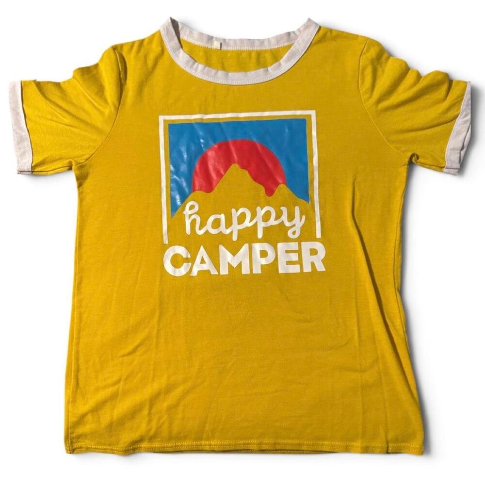 Vintage Happy Camper Yellow Ringer T-Shirt – Retro Mountain Graphic